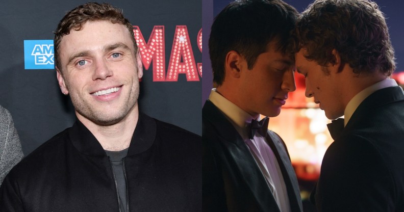headshot of Olympian Gus Kenworthy and then a still from Heated Rivalry of Shane and Ilya resting their foreheads together.