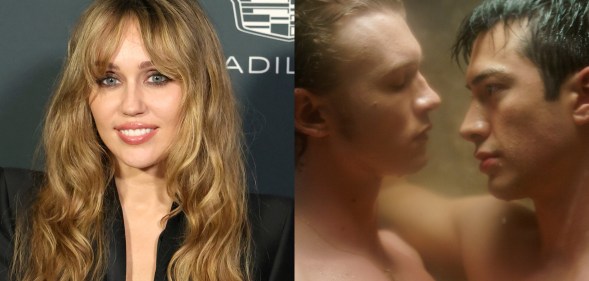 Miley Cyrus smiling at the camera in a black suit. Heated Rivalry still of the two men together in the shower