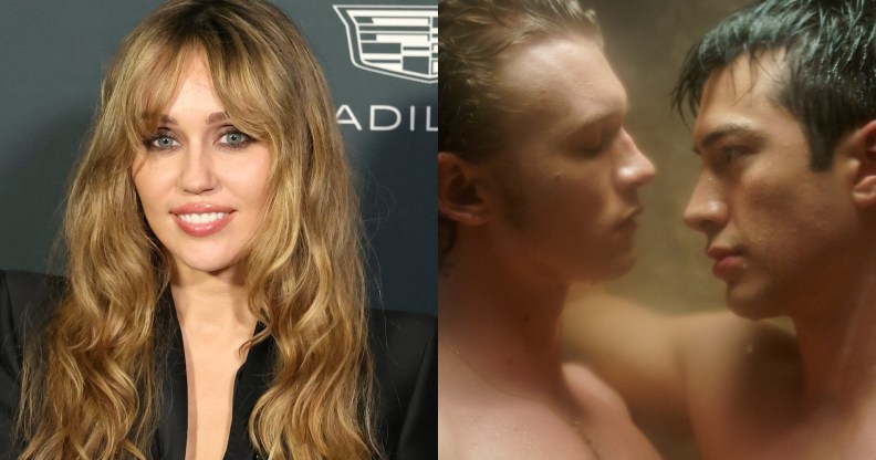 Miley Cyrus smiling at the camera in a black suit. Heated Rivalry still of the two men together in the shower