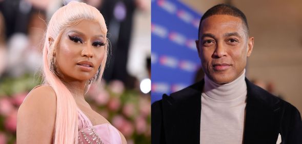 Nicki Minaj in 2019 (left) with pink hair and a pink top. Don Lemon (right) in a roll neck and blazer.