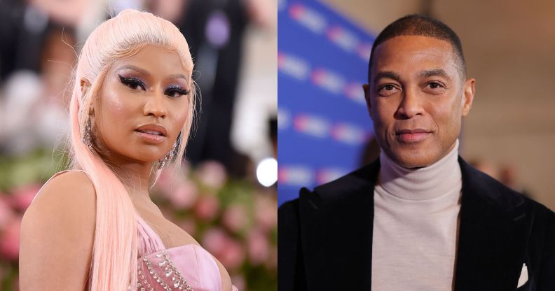 Nicki Minaj in 2019 (left) with pink hair and a pink top. Don Lemon (right) in a roll neck and blazer.