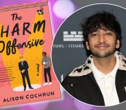 A purple background featuring a photo of Nik Dodani smiling in a circle and the cover of The Charm Offensive novel.