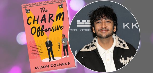 A purple background featuring a photo of Nik Dodani smiling in a circle and the cover of The Charm Offensive novel.