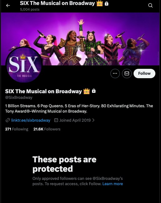 Six the musical on Broadway X account locked.