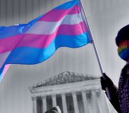 An edit of someone holding a trans flag outside the Supreme Court.