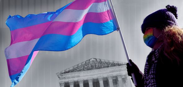 An edit of someone holding a trans flag outside the Supreme Court.