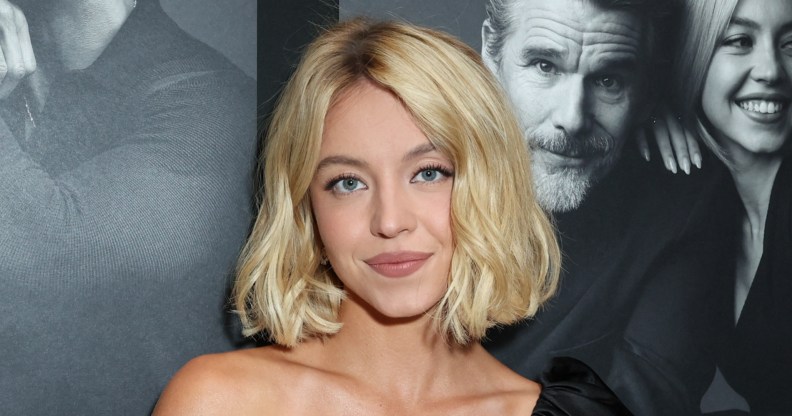 Sydney Sweeney smiling at the camera, wearing a black dress