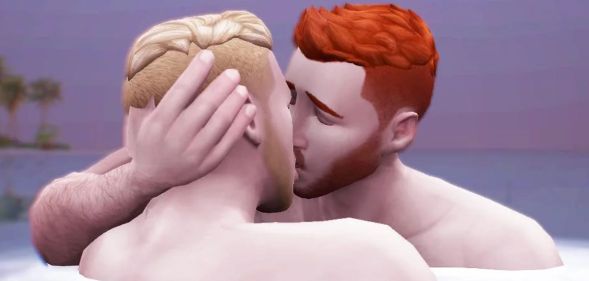 Two men kissing in The Sims.