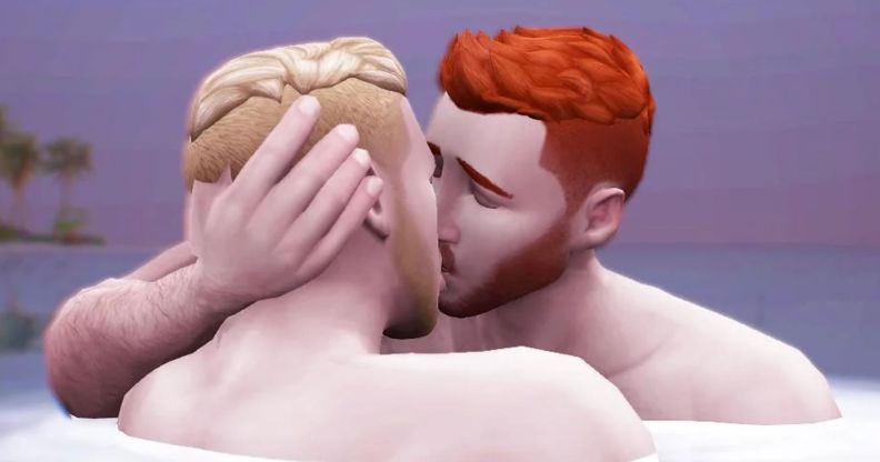 Two men kissing in The Sims.
