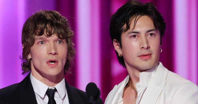 Connor Storrie and Hudson Williams looking shocked