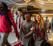 Karim Diané as Jay-Den Kraag, George Hawkins as Darem Reymi, Kerrice Brooks as Sam, Bella Shepard as Genesis Lythe and Sandro Rosta as Caleb Mir in season 1, episode 5 of Star Trek: Starfleet Academy streaming on Paramount+.