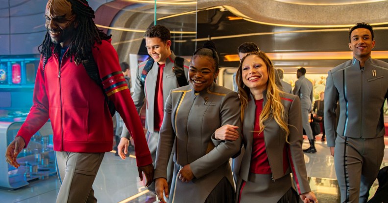 Karim Diané as Jay-Den Kraag, George Hawkins as Darem Reymi, Kerrice Brooks as Sam, Bella Shepard as Genesis Lythe and Sandro Rosta as Caleb Mir in season 1, episode 5 of Star Trek: Starfleet Academy streaming on Paramount+.