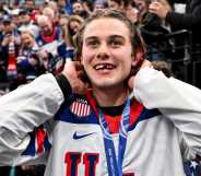 Jack Hughes of United States celebrates the victory during the Ice Hockey Men's Gold Medal Game match between Canada and USA.