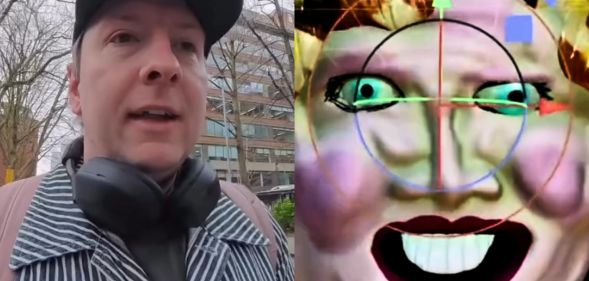 Joe Lycett next to his terrifying creation.