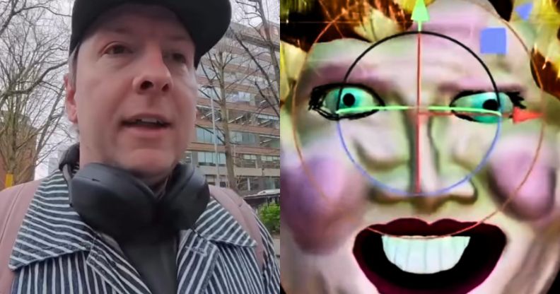 Joe Lycett next to his terrifying creation.