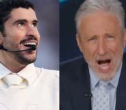 A split image of Bad Bunny (left) during his Super Bowl Halftime Show and Jon Stewart (right) on The Daily Show.