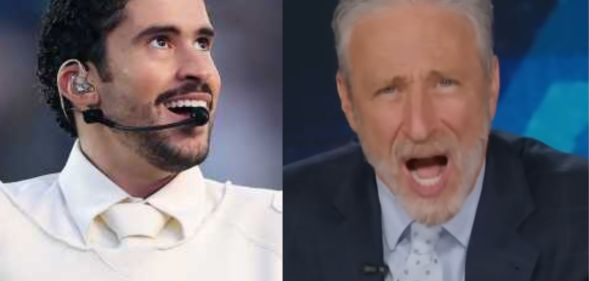 A split image of Bad Bunny (left) during his Super Bowl Halftime Show and Jon Stewart (right) on The Daily Show.