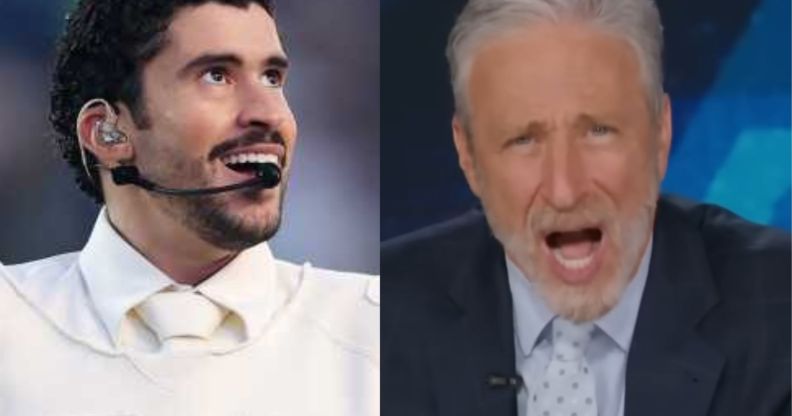 A split image of Bad Bunny (left) during his Super Bowl Halftime Show and Jon Stewart (right) on The Daily Show.