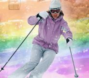 A skiier photoshopped in front of an LGBTQ+ flag.