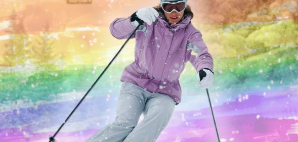 A skiier photoshopped in front of an LGBTQ+ flag.