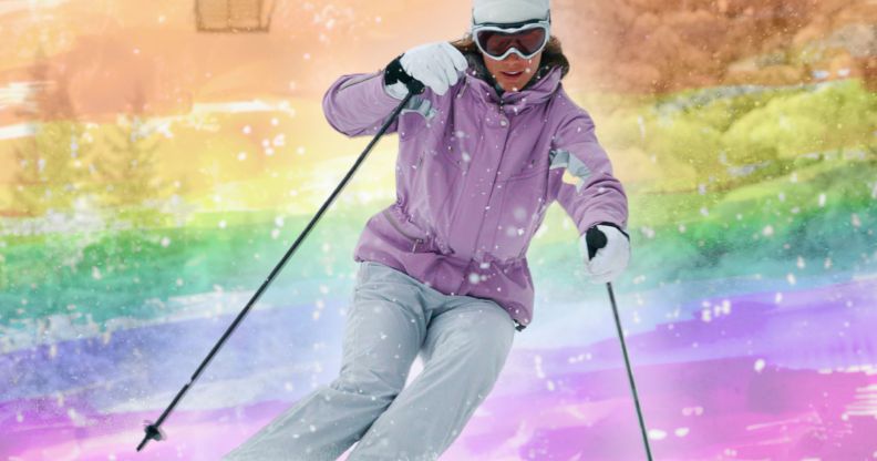 A skiier photoshopped in front of an LGBTQ+ flag.
