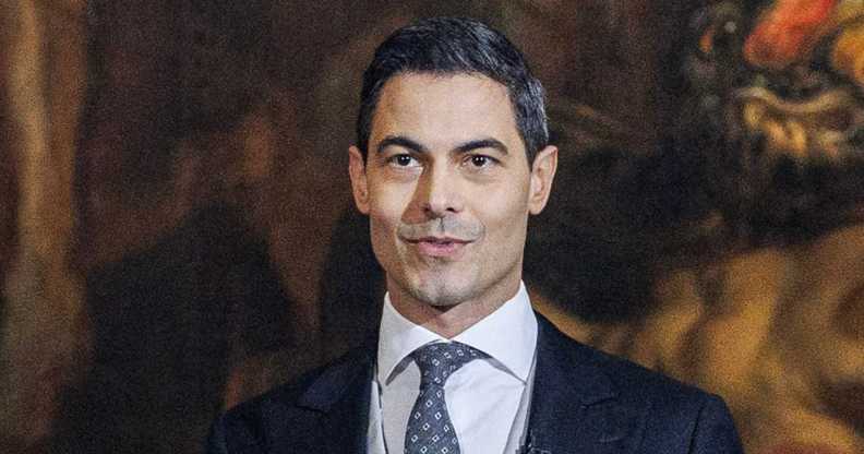 Prime Minister-designate Rob Jetten stand in front of Netherlands' Willem-Alexander during the swearing-in ceremony of the new Jetten cabinet