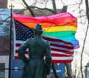 The pride flag was re-raised at the Stonewall National Monument in Greenwich Village, Manhattan, on 12 February, 2026, after its removal by the National Park Service earlier this week.