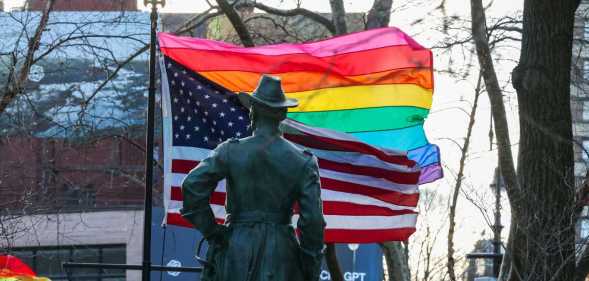 The pride flag was re-raised at the Stonewall National Monument in Greenwich Village, Manhattan, on 12 February, 2026, after its removal by the National Park Service earlier this week.