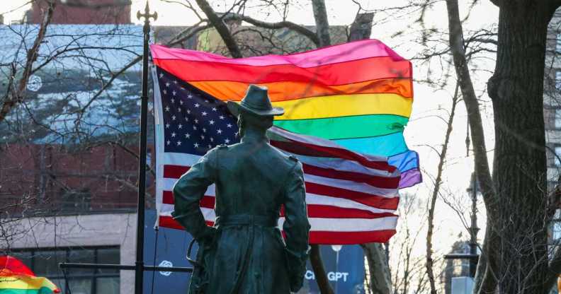 The pride flag was re-raised at the Stonewall National Monument in Greenwich Village, Manhattan, on 12 February, 2026, after its removal by the National Park Service earlier this week.