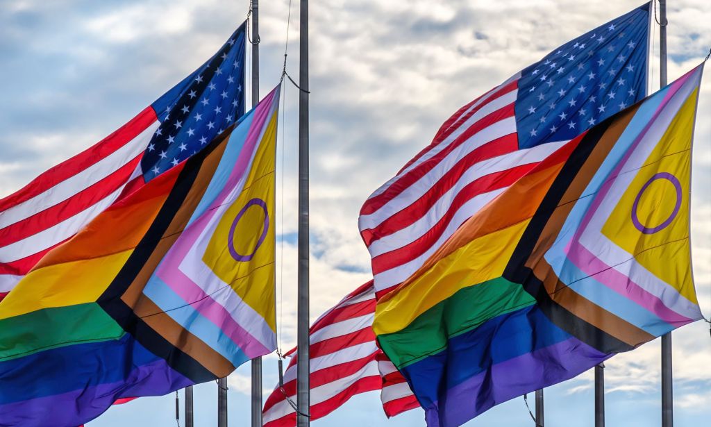 Several US national flags and Pride flags.
