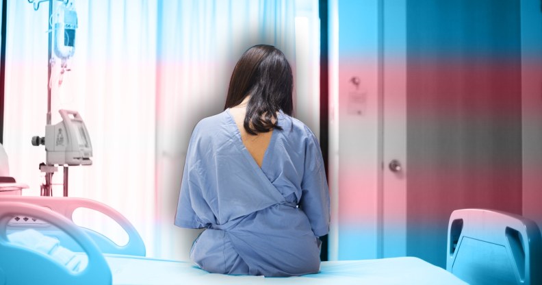 Stock image of person in hospital with trans flag colours