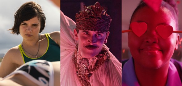 stills from Boys Don't Cry, Madfabulous and Black Burns Fast. Big Girls Don't Cry still: A teenage girl watching another teen sunbathe on the beach Madfabulous still: Callum Scott Howells wearing a crown, draped in white fabric in pink light as he spins Black Burns Fast still: a school girl with paper hearts over her eyes.