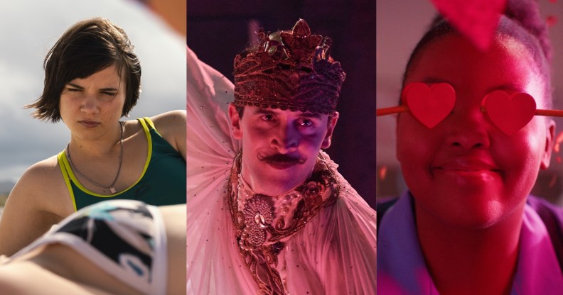 stills from Boys Don't Cry, Madfabulous and Black Burns Fast. Big Girls Don't Cry still: A teenage girl watching another teen sunbathe on the beach Madfabulous still: Callum Scott Howells wearing a crown, draped in white fabric in pink light as he spins Black Burns Fast still: a school girl with paper hearts over her eyes.