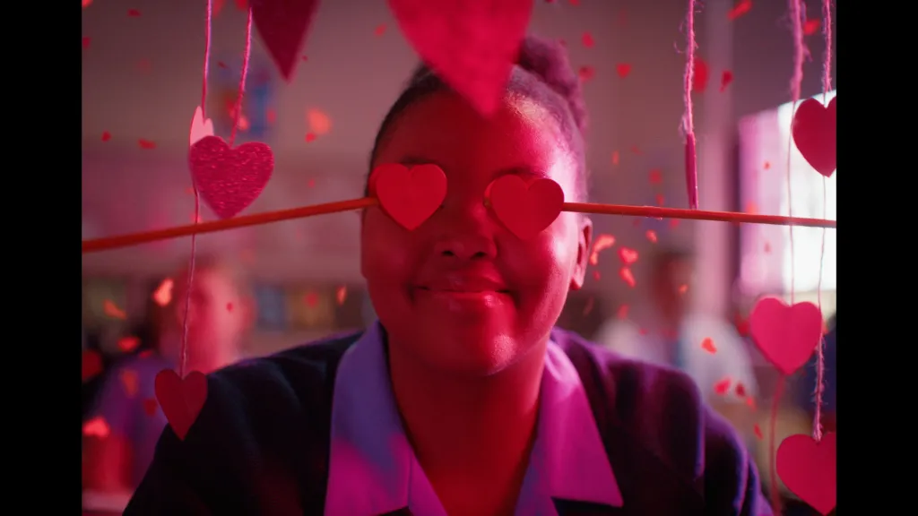 Black Burns Fast still: a school girl with paper hearts over her eyes.