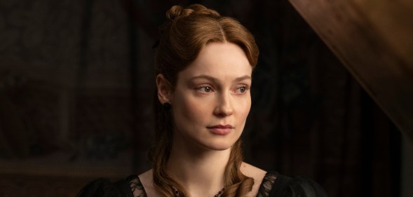 Francesca Bridgerton, portrayed by Hannah Dodd, in all black looking sad