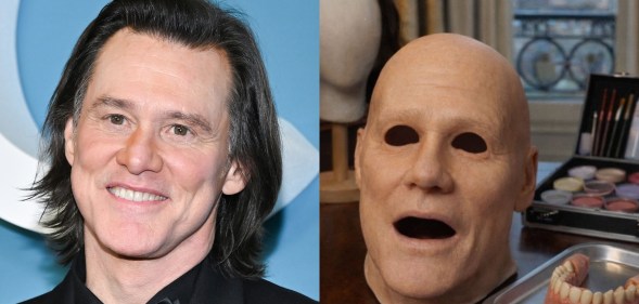 still headshot of Jim Carrey smiling beside Alexis Stone's post of a mask, teeth and make-up