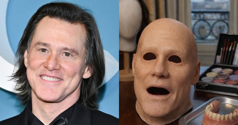 still headshot of Jim Carrey smiling beside Alexis Stone's post of a mask, teeth and make-up