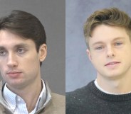 Justin Fox's testimony: he's sat against a grey background. Beige sip jacket over a blue and shite striped shirt. Nathan Cavanaugh's testimony: sat against a grey background, he's wearing a dark grey jumper