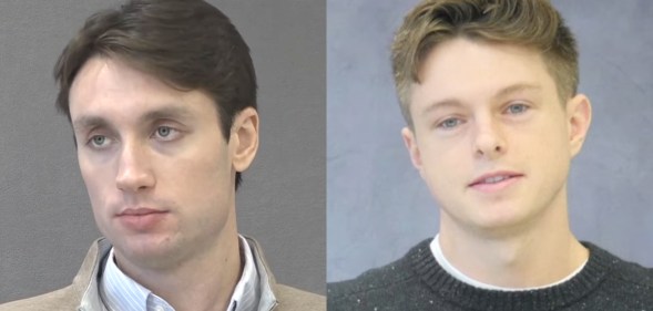 Justin Fox's testimony: he's sat against a grey background. Beige sip jacket over a blue and shite striped shirt. Nathan Cavanaugh's testimony: sat against a grey background, he's wearing a dark grey jumper