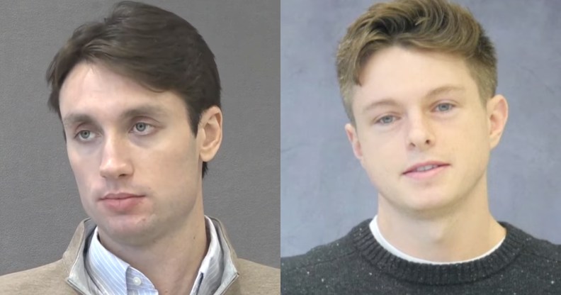 Justin Fox's testimony: he's sat against a grey background. Beige sip jacket over a blue and shite striped shirt. Nathan Cavanaugh's testimony: sat against a grey background, he's wearing a dark grey jumper