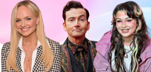 a collage featuring emma bunton david tennant lola young against a pink and blue background