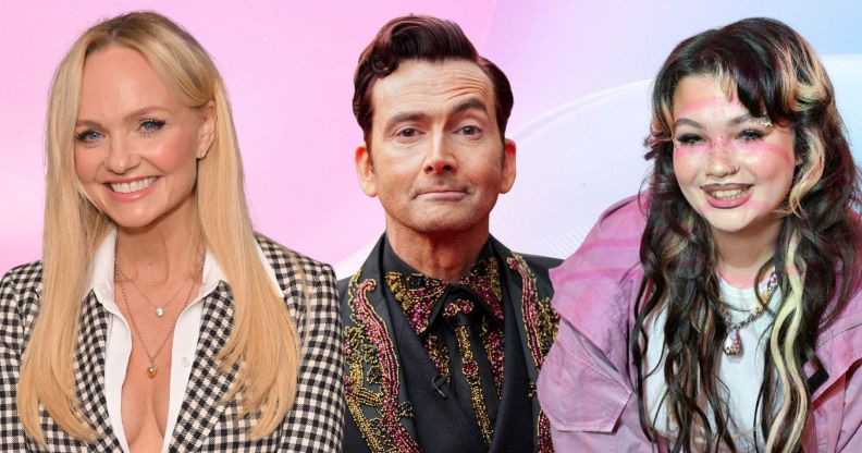 a collage featuring emma bunton david tennant lola young against a pink and blue background