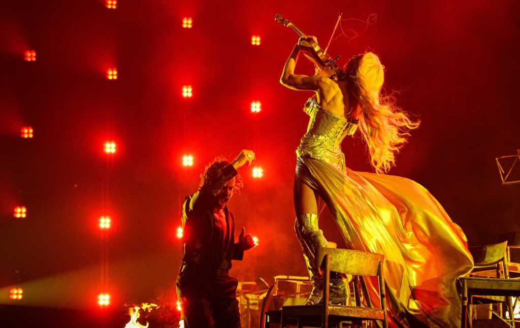 Pete Parkkonen and Linda Lampenius perform at Uuden Musiikin Kilpailu 2026 at Nokia Arena on February 28, 2026 in Tampere, Finland.