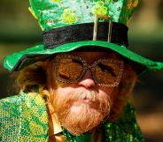 A person wearing a St. Patrick's Day outfit.