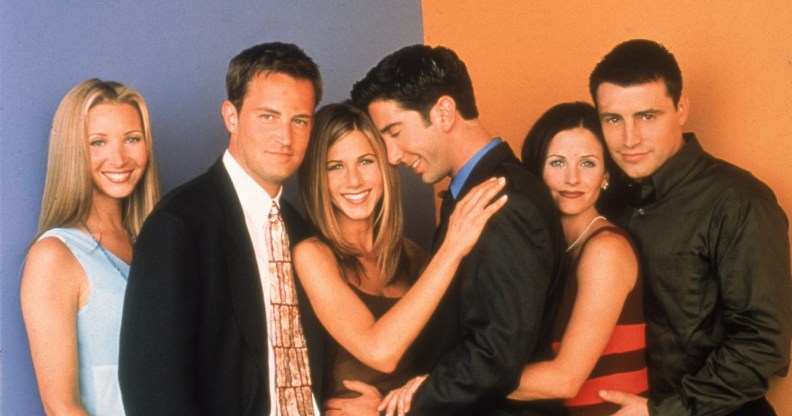 Promotional portait of the cast of the television series, 'Friends,' circa 1996. L-R: Lisa Kudrow, Matthew Perry, Jennifer Aniston, David Schwimmer, Courteney Cox, and Matt LeBlanc.