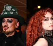 Headshot images of Boy George and Chappell Roan. George has a green hat with gingham circle patches and glittery eyeshadow. Roan is in a black dress with a high-neck choker, her eyes are bright green
