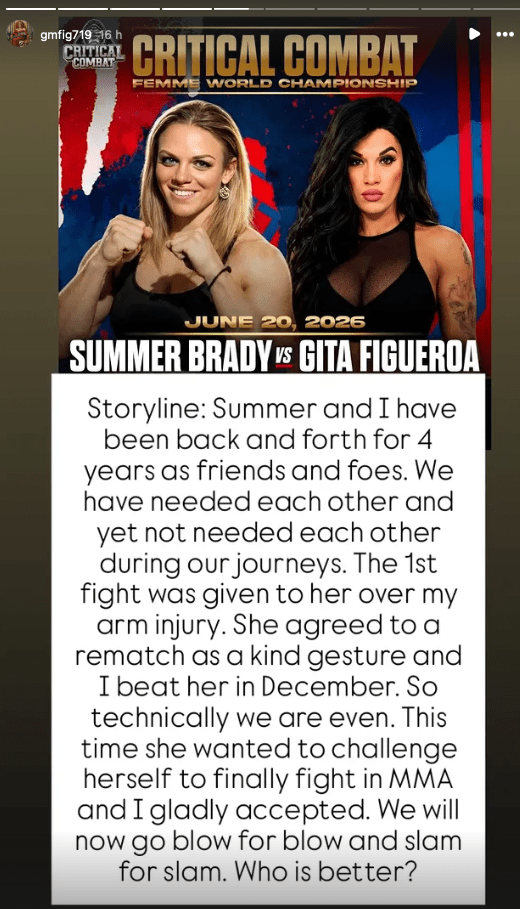 Gita Figueroa hypes up the Femme World Championship, Instagram story text.