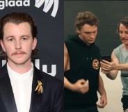 Harrison Browne heashot and still of Heated Rivalry. Harrison Browne's Connors showing Connor Storrie's Ilya Rozanov his phone in the gym.