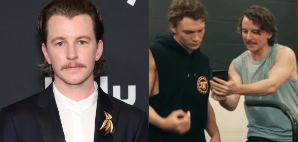 Harrison Browne heashot and still of Heated Rivalry. Harrison Browne's Connors showing Connor Storrie's Ilya Rozanov his phone in the gym.