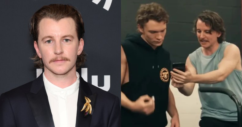 Harrison Browne heashot and still of Heated Rivalry. Harrison Browne's Connors showing Connor Storrie's Ilya Rozanov his phone in the gym.